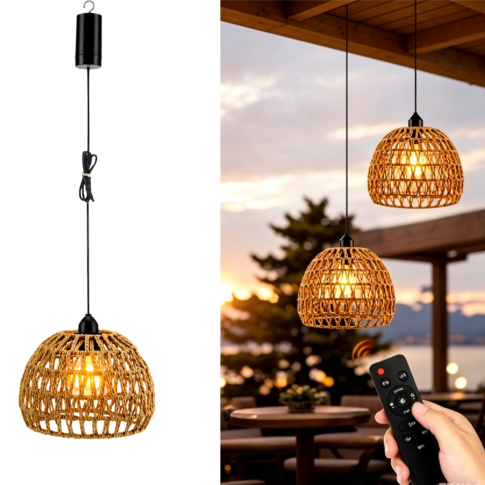 Rattan Hängelampe 2pcs, E27 Retro Pendelleuchte mit Dimmbar Schalter, Vintage akku Hängelampe, Boho Lampe, Indoor/Outdoor Hängeleuchte für Schlafzimmer Foyer Balkon