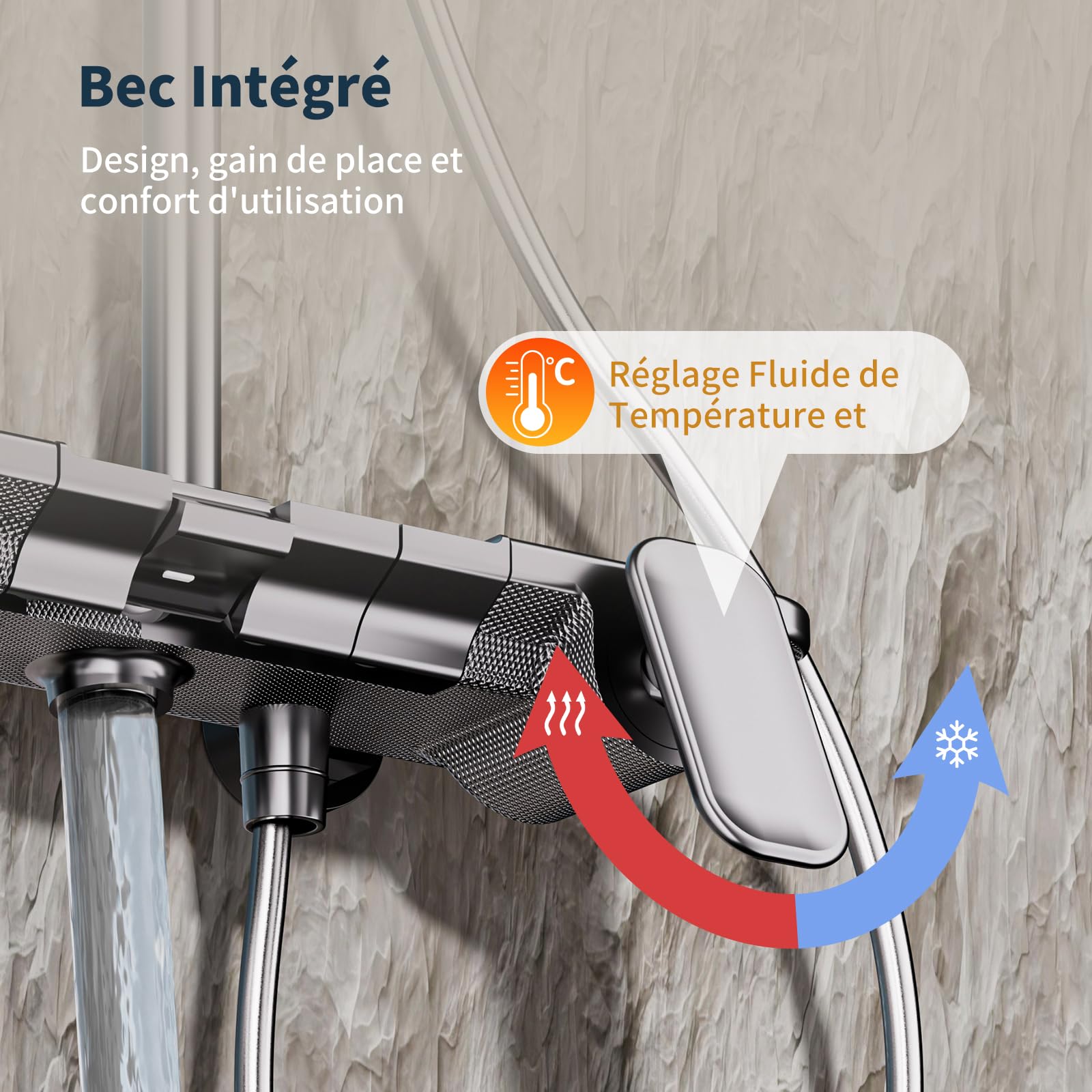 Colonne de Douche Gris Fusil Miroir avec Mitigeur - Touches Piano 4 Fonctions - Système de Douche Moderne avec Tête de Douche XXL Carrée, Douchette 3 Jets - Tube Inox Réglable 950-1350mm