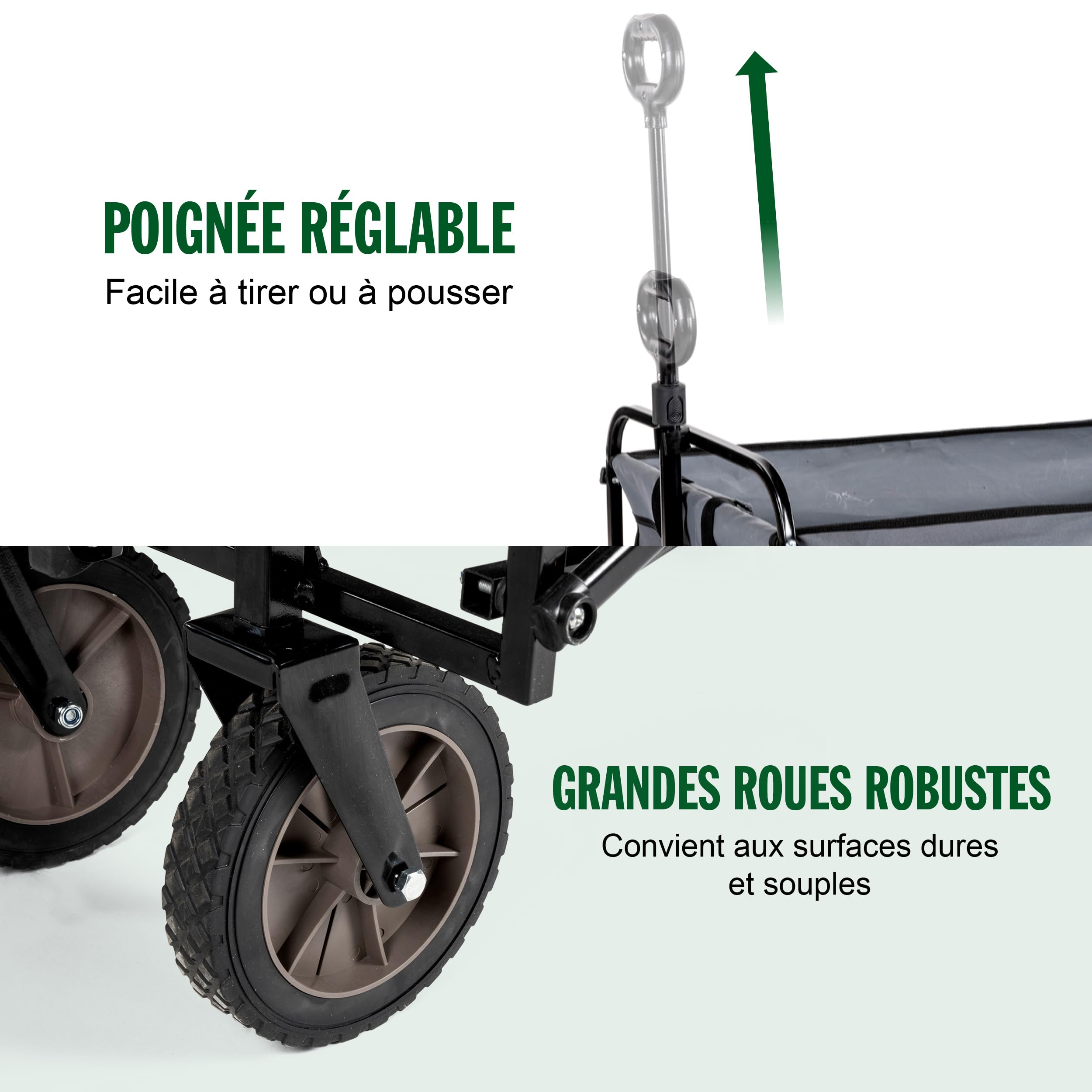 Chariot de Plage Pliable - Pliable jusqu'à 70kg - pour Camping et Festivals - Tout Terrain Réglable en Hauteur - 82 x 52 x 63 cm - Noir