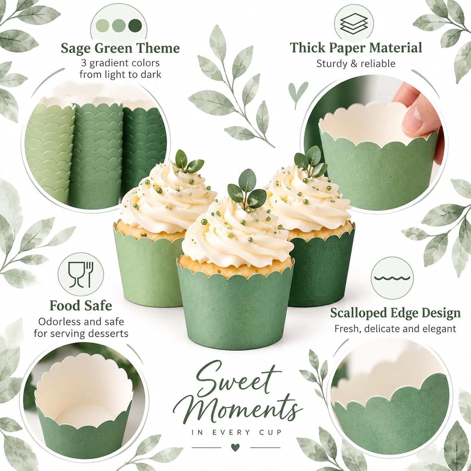 Whaline 60Pcs Sage Green Paper Baking Cups, Scalloped Edge, 3 Colors