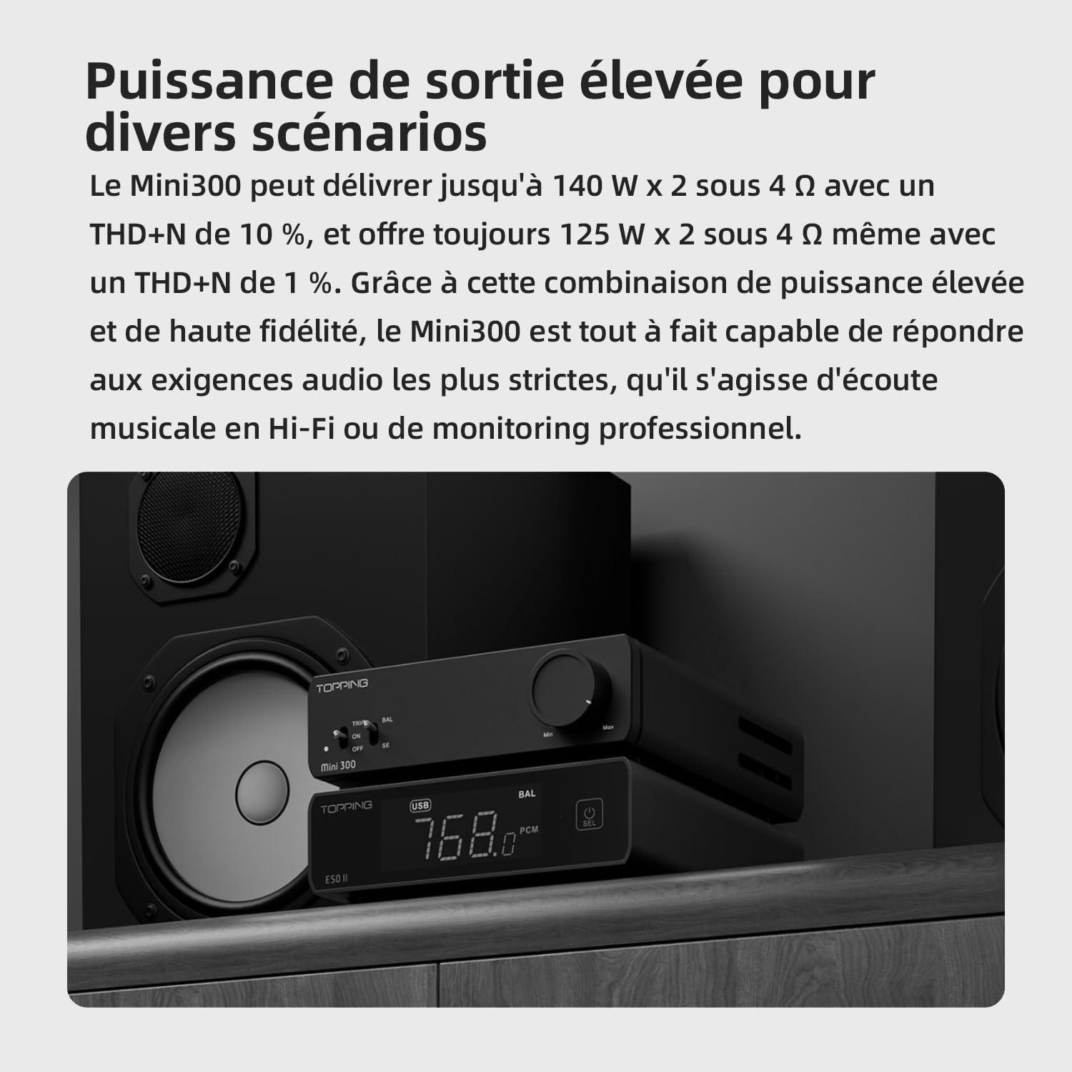 Topping Mini300 Amplificateur de bureau entièrement symétrique 140 W Compact Classe D Amplificateur de bureau avec entrée RCA/TRS, amplificateur Hi-Fi pour enceintes domestiques, argenté
