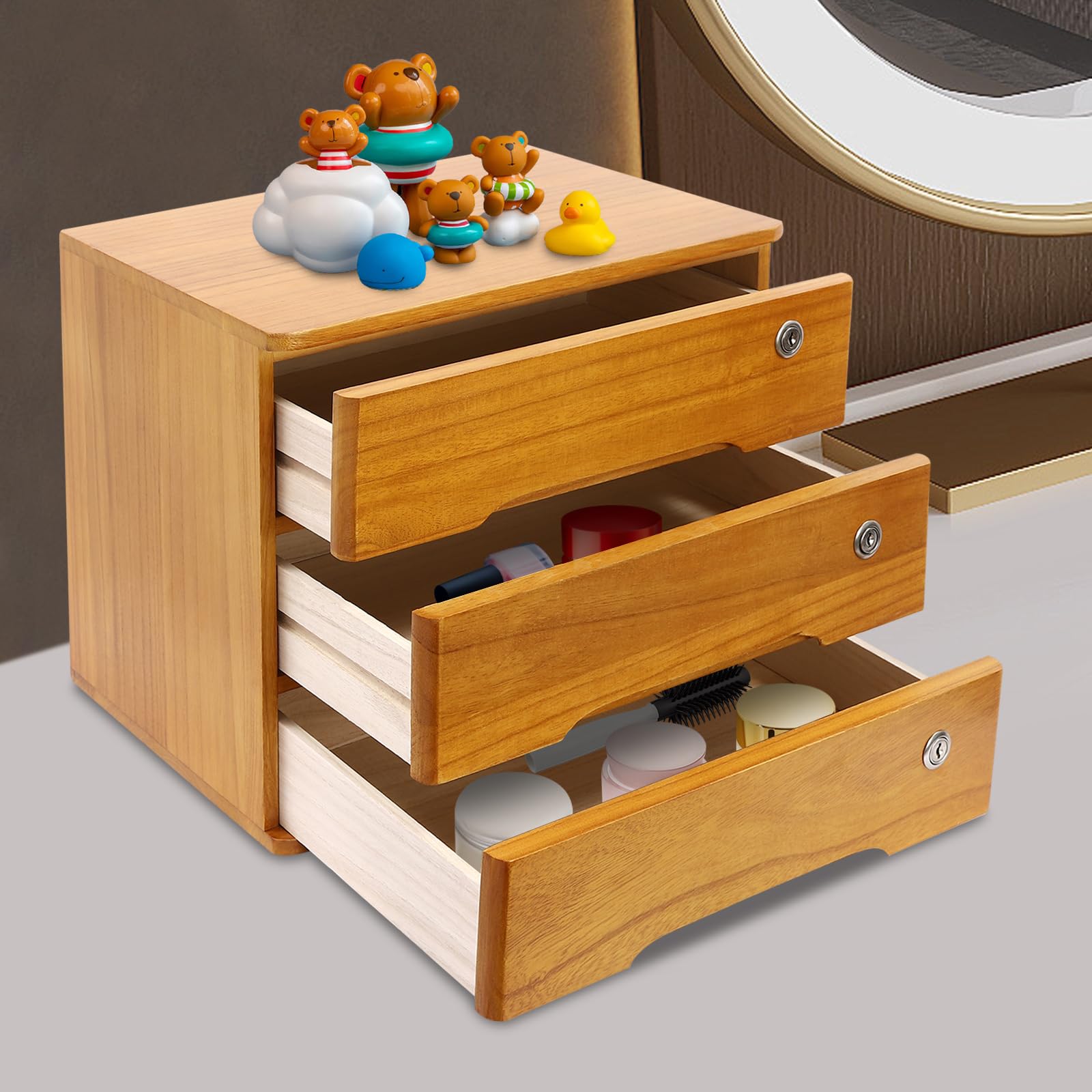 Organizer da scrivania in legno con cassetti, per postazione di lavoro, ufficio, in legno, con serratura a 3/4 cassetti, contenitore per il trucco (3 livelli)