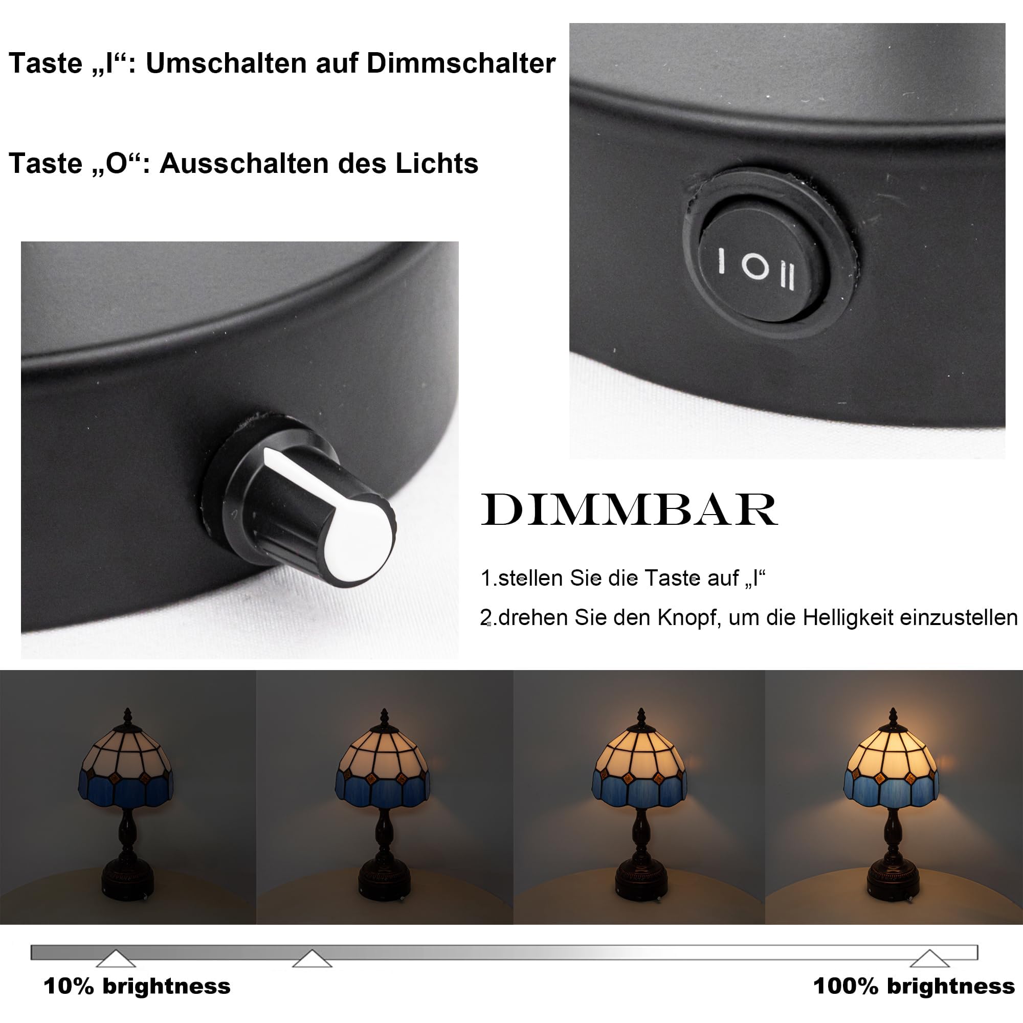 Tiffany-Stil Tischlampe Kabellos Warmweißes, Wiederaufladbar Tischleuchte, Dimmbar Nachttischlampe mit Glasschirm für Nachttisch Esszimmer Schlafzimmer -TD0867