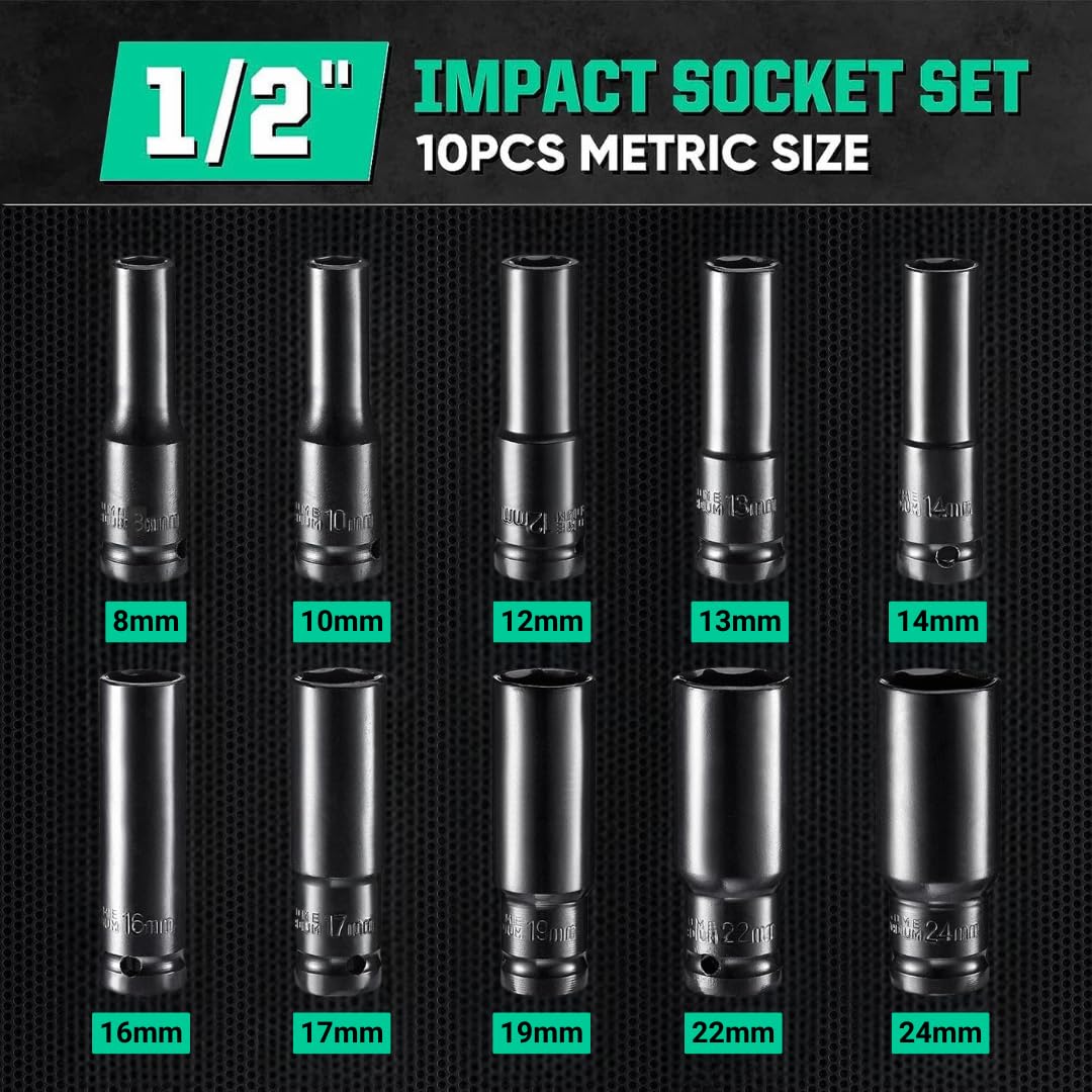Homdum 10pcs Deep Impact Socket Set Universal Socket Metric Drive Hex Long Socket Set Wrench For Air Pneumatic Repair Tools 8-24MM Size 1