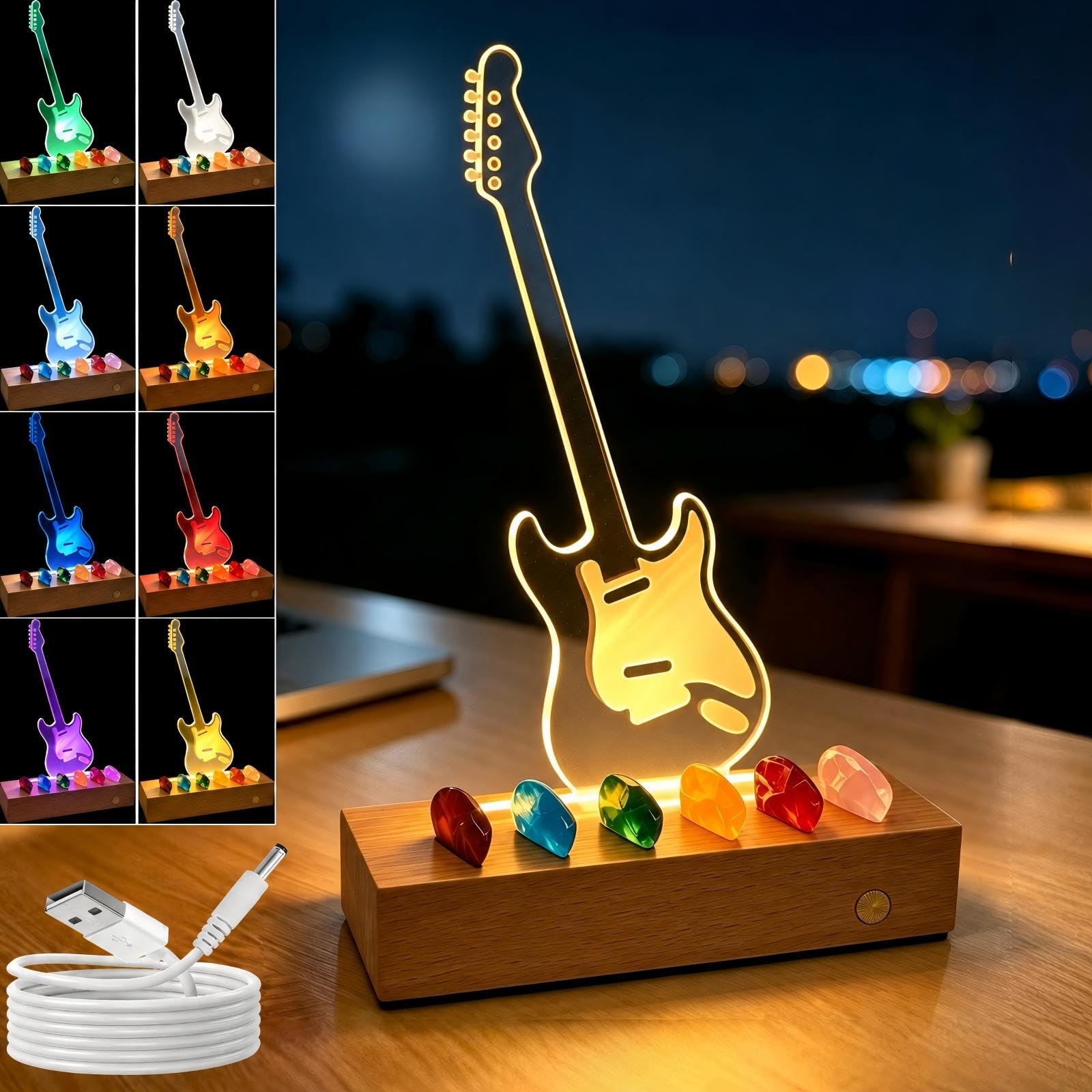Soporte para púas de guitarra iluminado: vitrina recargable con contorno táctil ligero – Caja de almacenamiento para púas de guitarra con 6 púas de guitarra, accesorios de guitarra para bajo ukelele