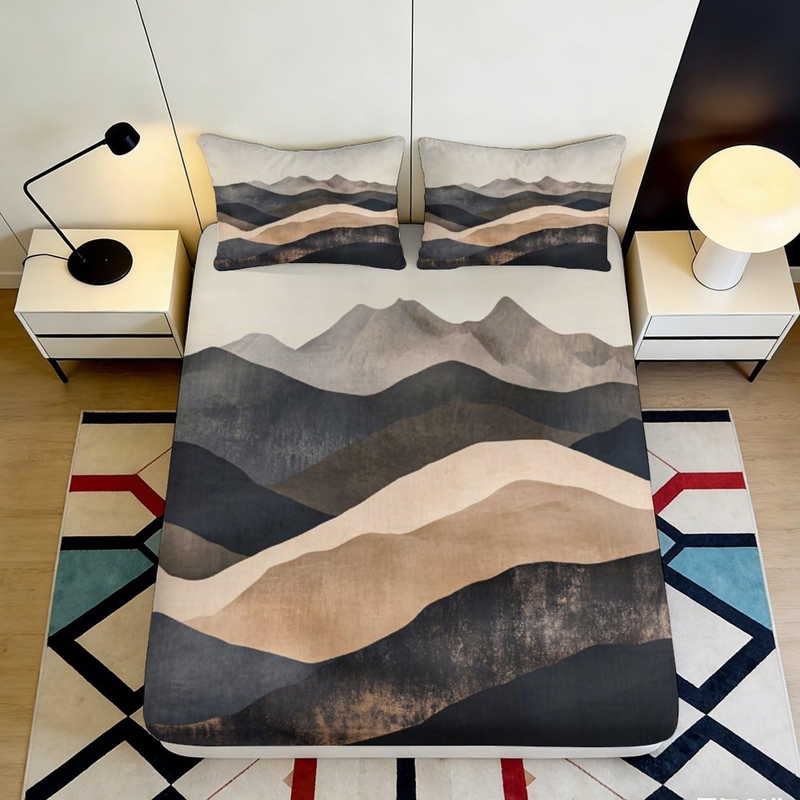 3D Printed Abstract Mountain Fitted Sheet Microfiber Soft Breathable Earth Tone Mattress Cover Bedroom Decor 200x200x25cm