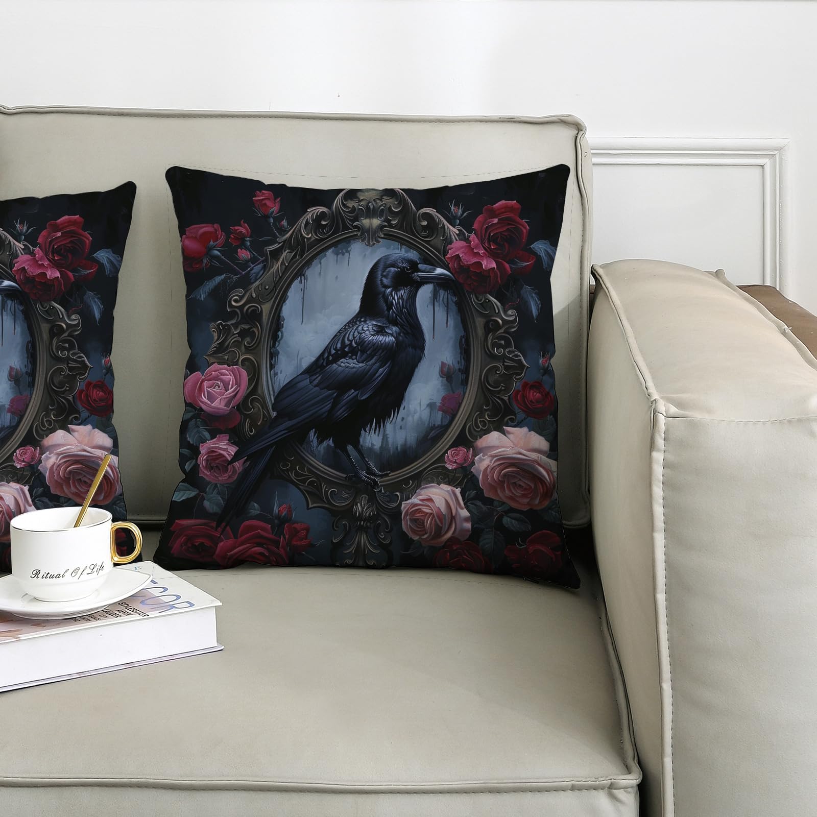 Gothic Raven And Rose Throw Pillow Covers Set Of 2 - 18x18 Inch Victorian Vintage Dark Romantic Decor For Living Room, Sofa, Bed