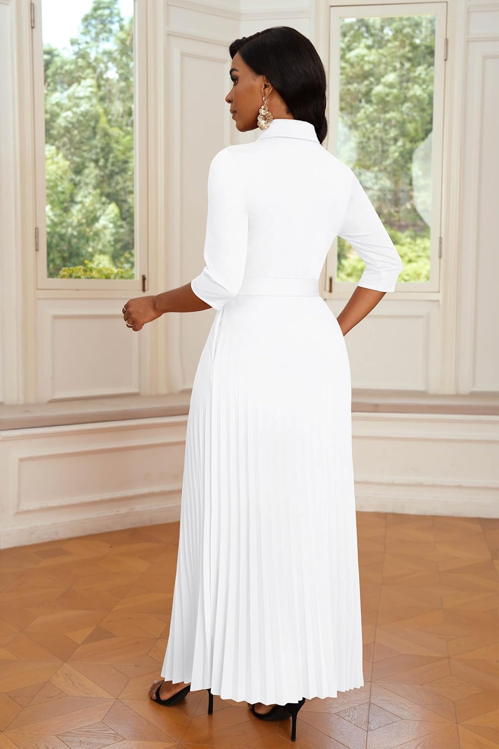 Runwind Maxi Dresses for Women, 3/4 Sleeve Botton Down Pleated Long Dress with Belt Casual Church Dress with Pockets - Image 5