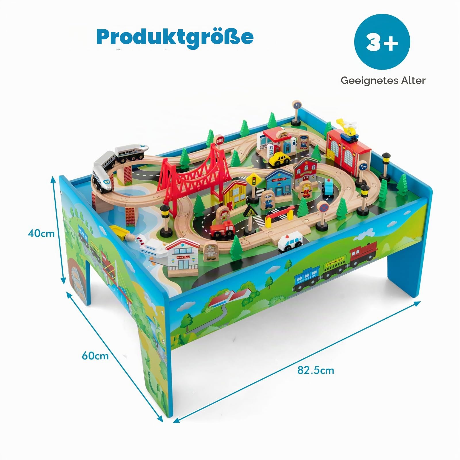 LIFEZEAL Spieltisch mit Holzeisenbahn, 80-teiliges Spielzeug-Set mit Schienen, Eisenbahnstrecke mit Autos, Hubschrauber & Flugzeug, Spielzeug Kindertisch mit Abnehmbarer Tischplatte