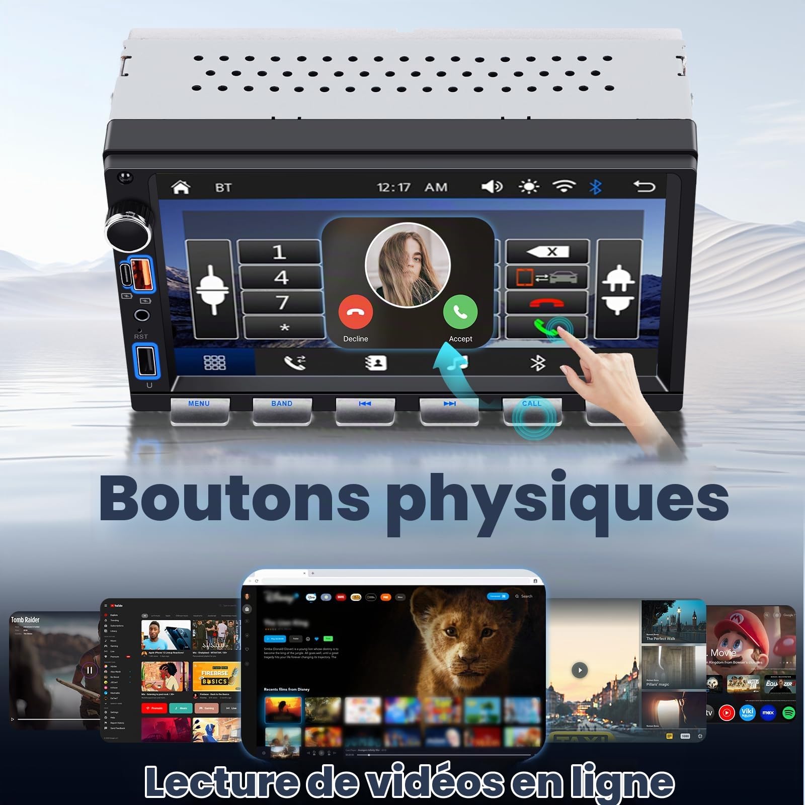 Hodozzy 2 Din Autoradio avec Carplay sans Fil Android Auto, 7 Pouces Touches Piano 2 Din Écran Tactile Radio Voiture avec Bluetooth, Radio FM, EQ, Vidéo en Ligne, Mirror Link, USB/AUX/Type-C, SWC