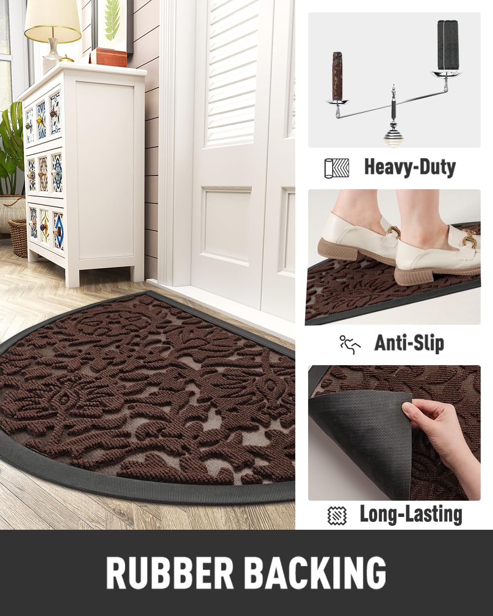 tchdio Zerbino mezzo rotondo per porta d'ingresso, in gomma antiscivolo, per ingresso esterno, a basso profilo, resistente, facile da pulire, per tutte le stagioni, 43 x 76 cm, marrone