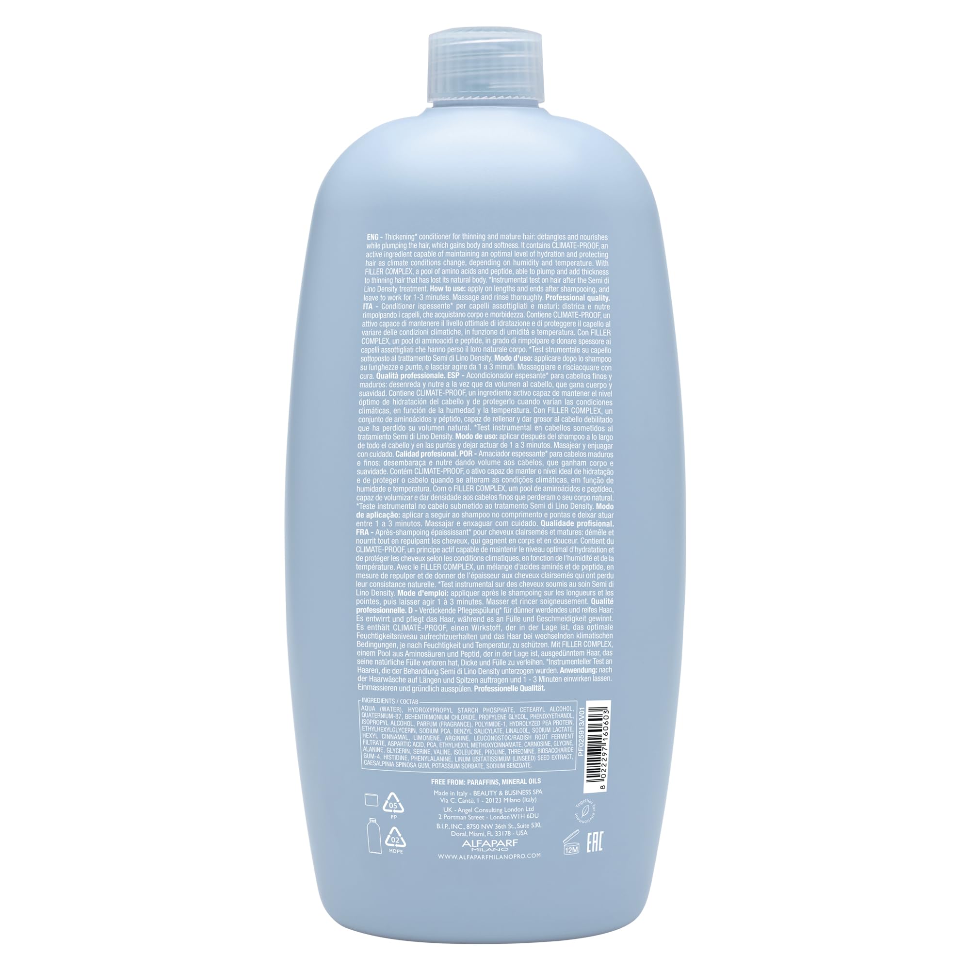 ALFAPARF MILANO Semi di Lino Density Thickening Conditioner - Peptides & Amido Acids - Fine & Thin Hair - Detangles, Softens - Adds Body & Volume for Revitalized, Youthful & Thicker Hair