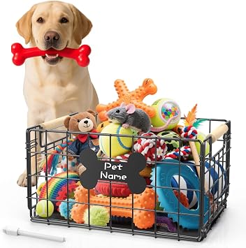 Dog Toy Basket, Chew-Proof Metal Dog Toy Bin with Handles, Pet Stuff Storage Organizer Box for Dogs with Marker Pen, Portable & Foldable Puppy Toys Basket for Living Room, 1510.638.27
