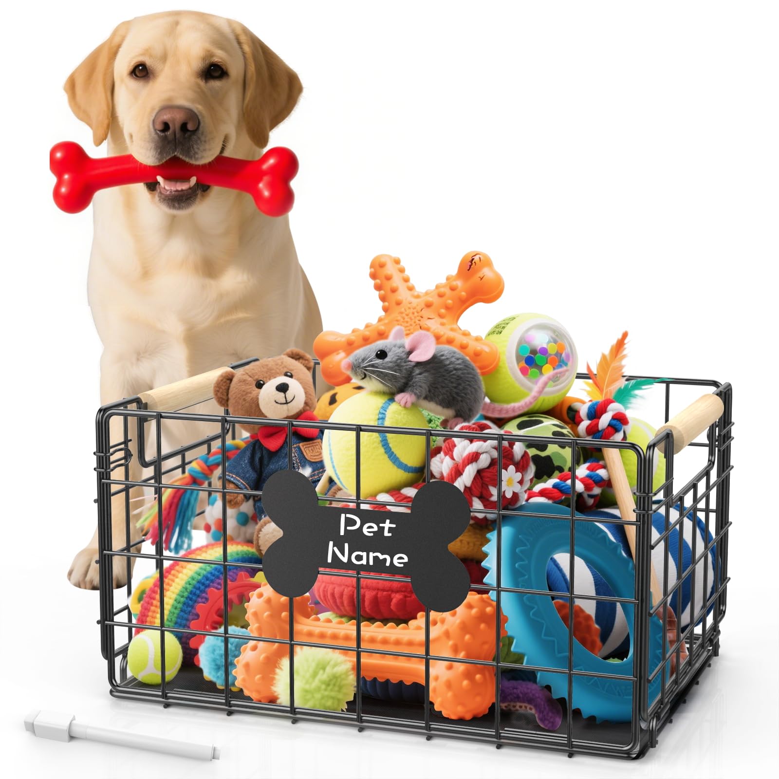 Tivray Dog Toy Basket, Chew-Proof Metal Dog Toy Bin with Handles, Pet Stuff Storage Organizer Box for Dogs with Marker Pen, Portable & Foldable Puppy Toys Basket for Living Room, 15''×10.63''×8.27''