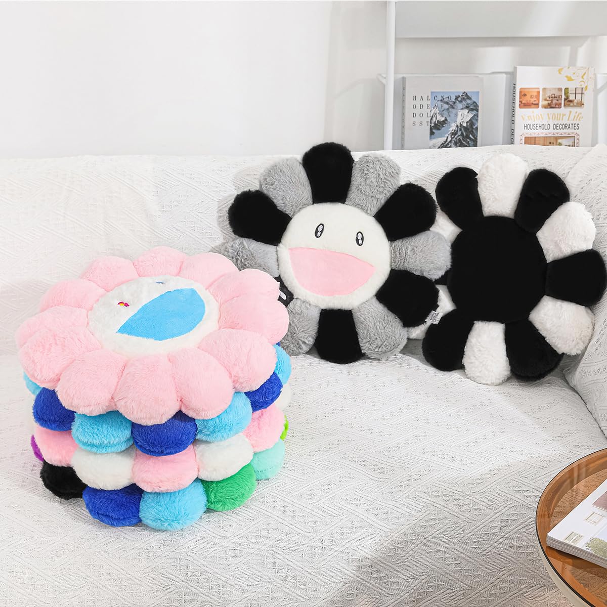FIONOUT Black Face Flower Pillow, Smile Face Plush Cushion, 15.7 Inch — product photo