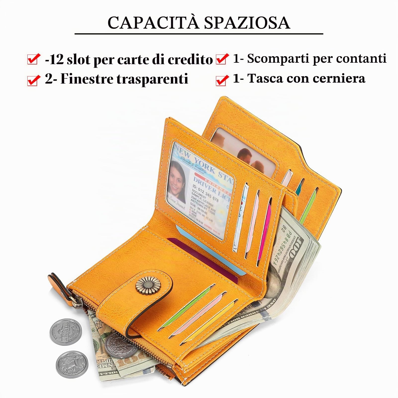 SENDEFN Portafoglio Donna Pelle con Bloccaggio RFID Piccolo Portamonete Donna, 10 Scomparti per Carte con 2 Finestra di Identificazione e 1 Tasca con Cerniera