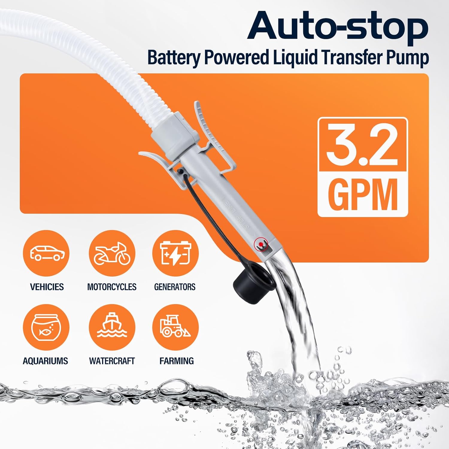 Fuel Transfer Pump with Auto Stop Sensor Overfill Protection,Kit with 4 Tank Adapter, 4AA Battery powered 3.2 GPM, Portable Gas Pump for Oil, Diesel, Gasoline (orange+Black)