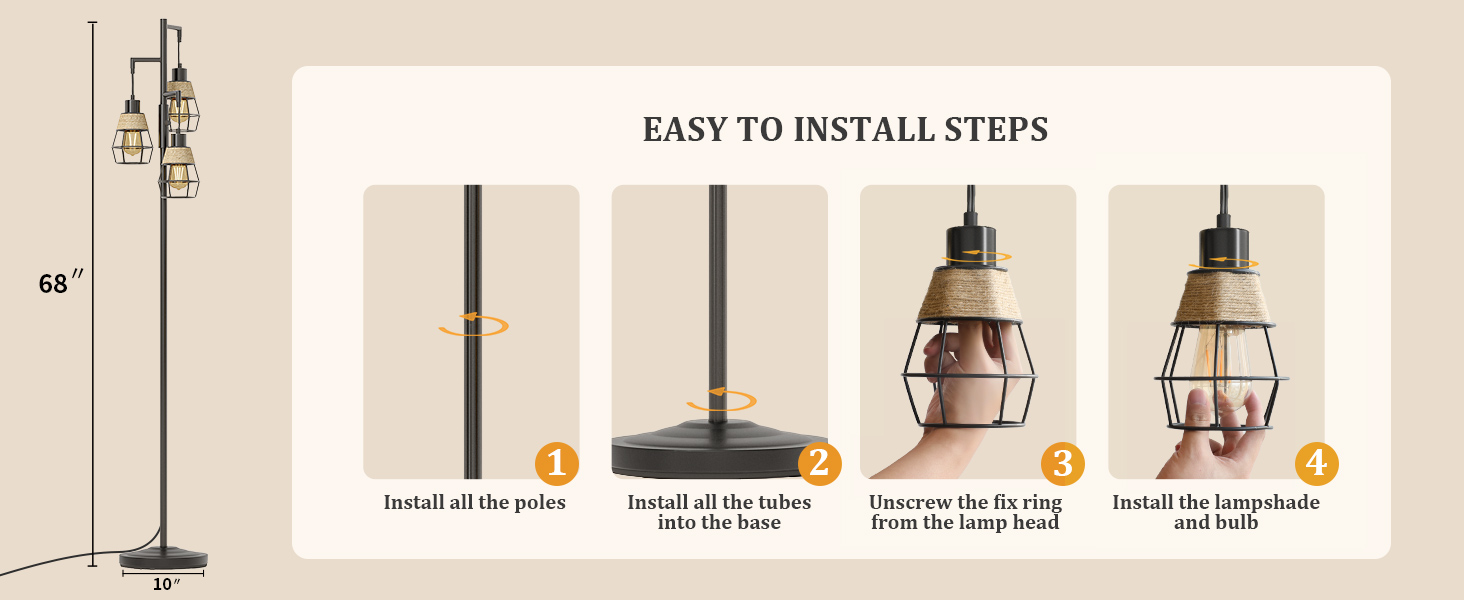 Image of Oneach 70 inch Industrial Floor Lamp, Stepless Dimmable Standing Lamp with 3 Bulbs, Farmhouse Corner Standing Tree Lamp for Living Room, Tall Lamps for Bedroom, Office, Dining Room, Antique Beige White
