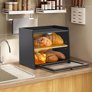 RayLove Wooden Bread Box, Double Layer Bread Bin, Large Breads Storage Container for Kitchen Counter Corner, Cabinet, Pantry, Cupboard - Assembly Deep Black