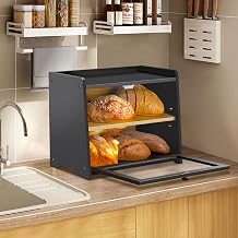 RayLove Wooden Bread Box, Double Layer Bread Bin, Large Breads Storage Container for Kitchen Counter Corner, Cabinet, Pantry, Cupboard - Assembly Deep Black