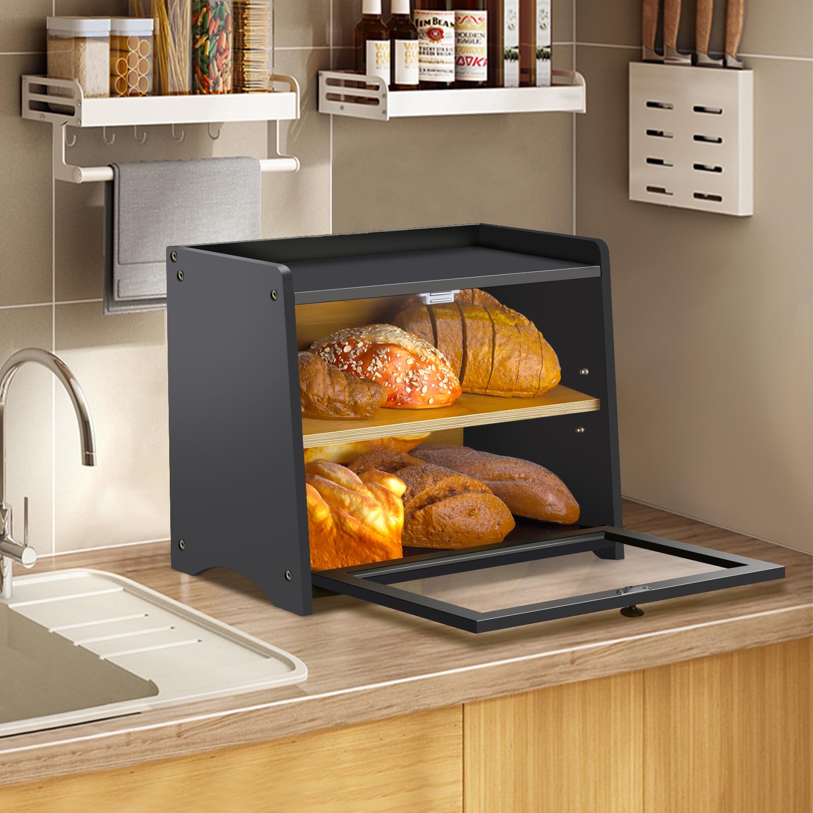 RayLove Wooden Bread Box, Double Layer Bread Bin, Large Breads Storage Container for Kitchen Counter Corner Cabinet, Pantry