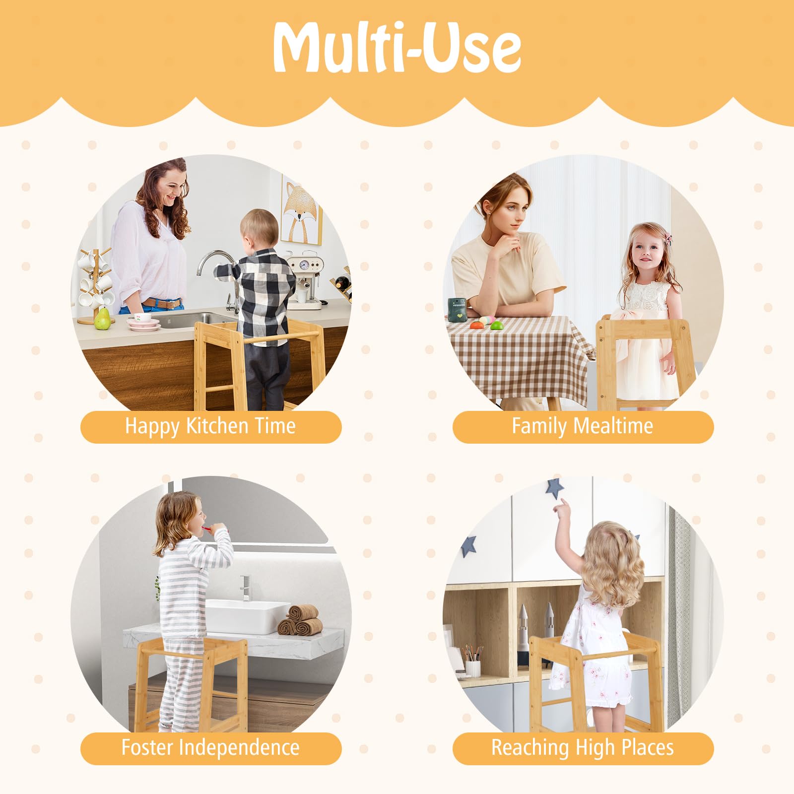 FANTASK Tritthocker Kinder aus Bambus, Lernturm höhenverstellbar mit Sicherheitsgeländer & rutschfestem Design, Montessori Trittleiter bis 70 kg belastbar für Küche & Bad, Natur