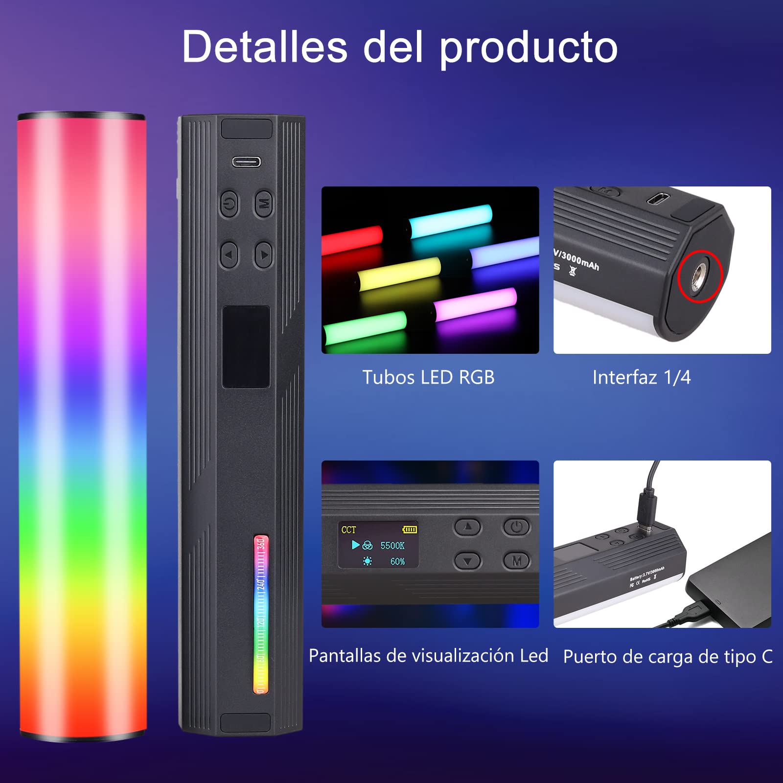 ARTCISE RGB de Mano de luz LED de vídeo, 360 ° RGB Completo Palo de luz con 3000mAh batería Recargable, Varita magnética de luz, 2500-9000K Regulable Tubo de luz de la cámara