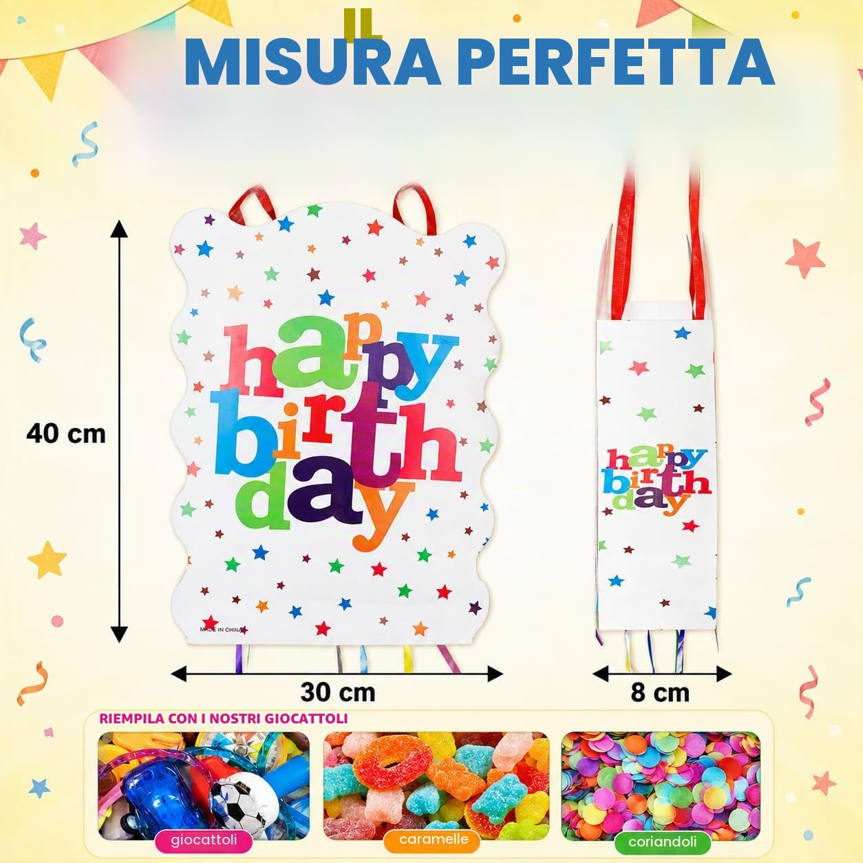 Pignatta Compleanno con 80 Giochini per Feste Bambini + Pentolaccia Happy Birthday