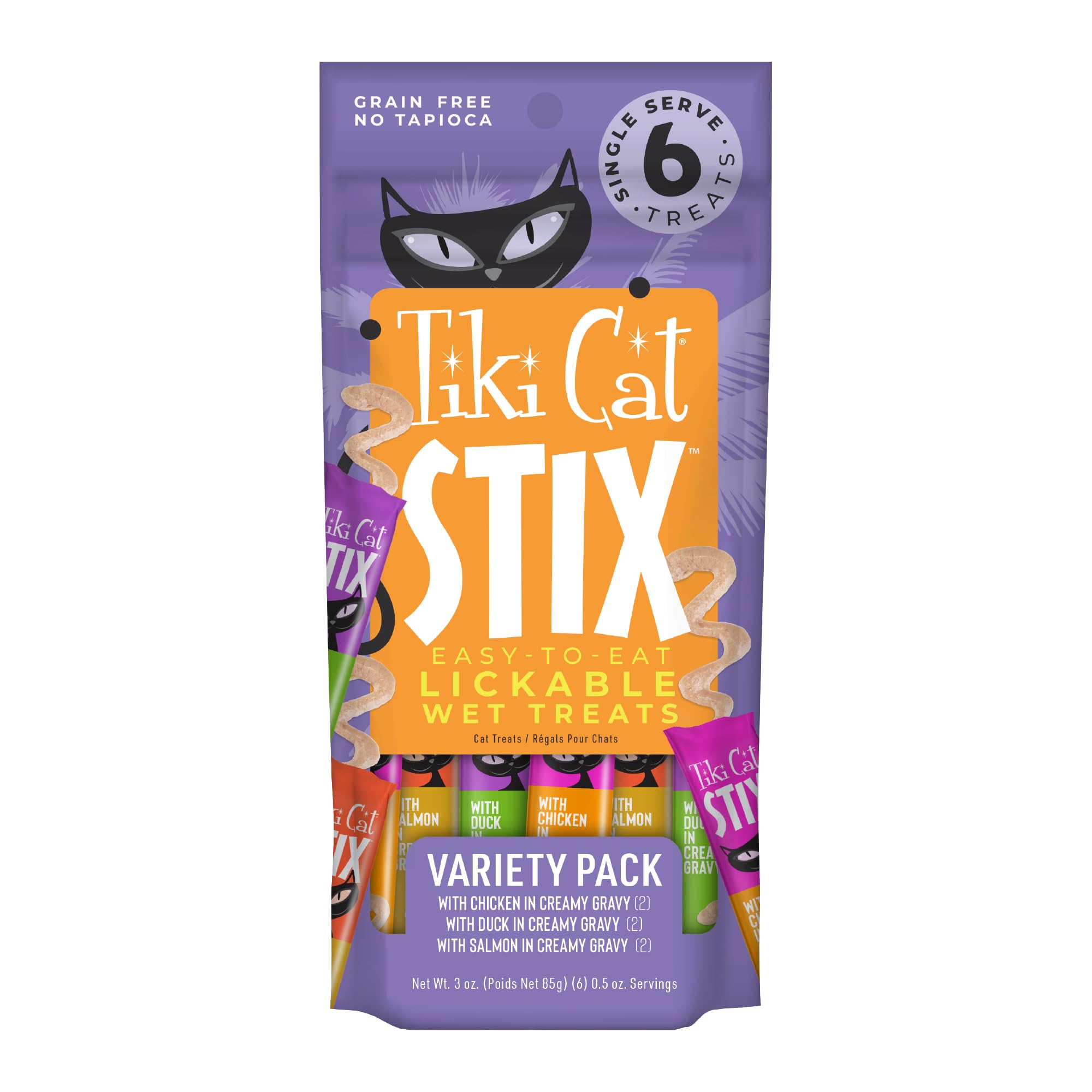 Tiki Cat Stix Mousse Treats, Single Serve Indulgent Lickable Treat or Dry Food Topper, Variety Pack with Salmon, Chicken, and Duck, 3 oz. Pouch (Pack of 12)
