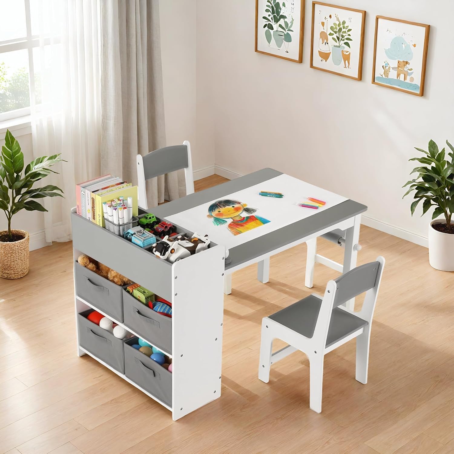 MAMIZO Kindertisch mit 2 PCS Stühlen, Maltisch & Basteltisch Kinder, Tisch & Stühle Kinderzimmer Set, Spieltisch mit Stauraum für Kinder ab 3 Jahren (Grau Weiß)