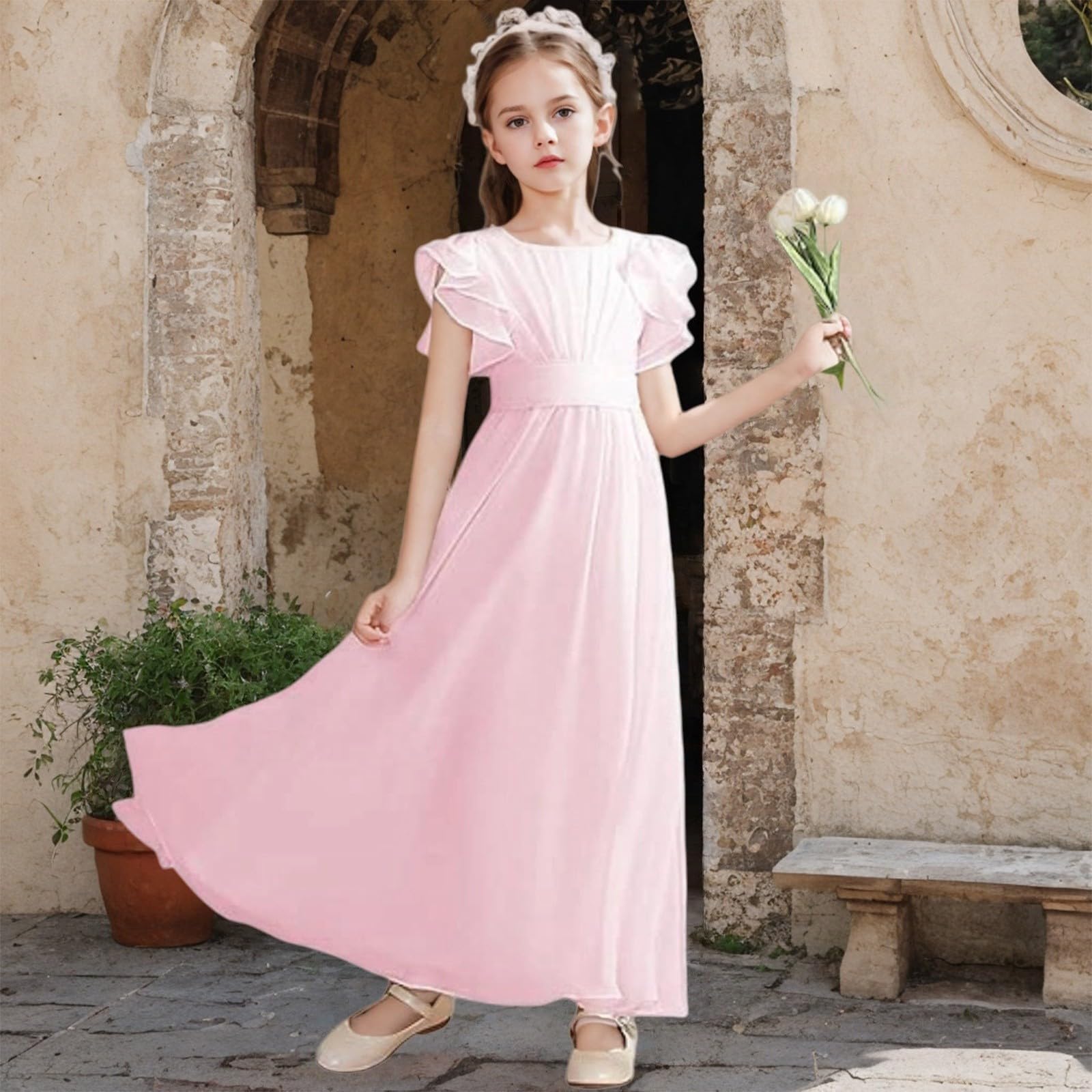 Ärmellos Rüschen Prinzessin Kleid Mädchen A-Linie Blumenmädchenkleid Elegant Plissiertes Kleider Mode Festlich Hochzeitskleid Mit Einfarbig Kommunionkleid Sommer Plisseekleid