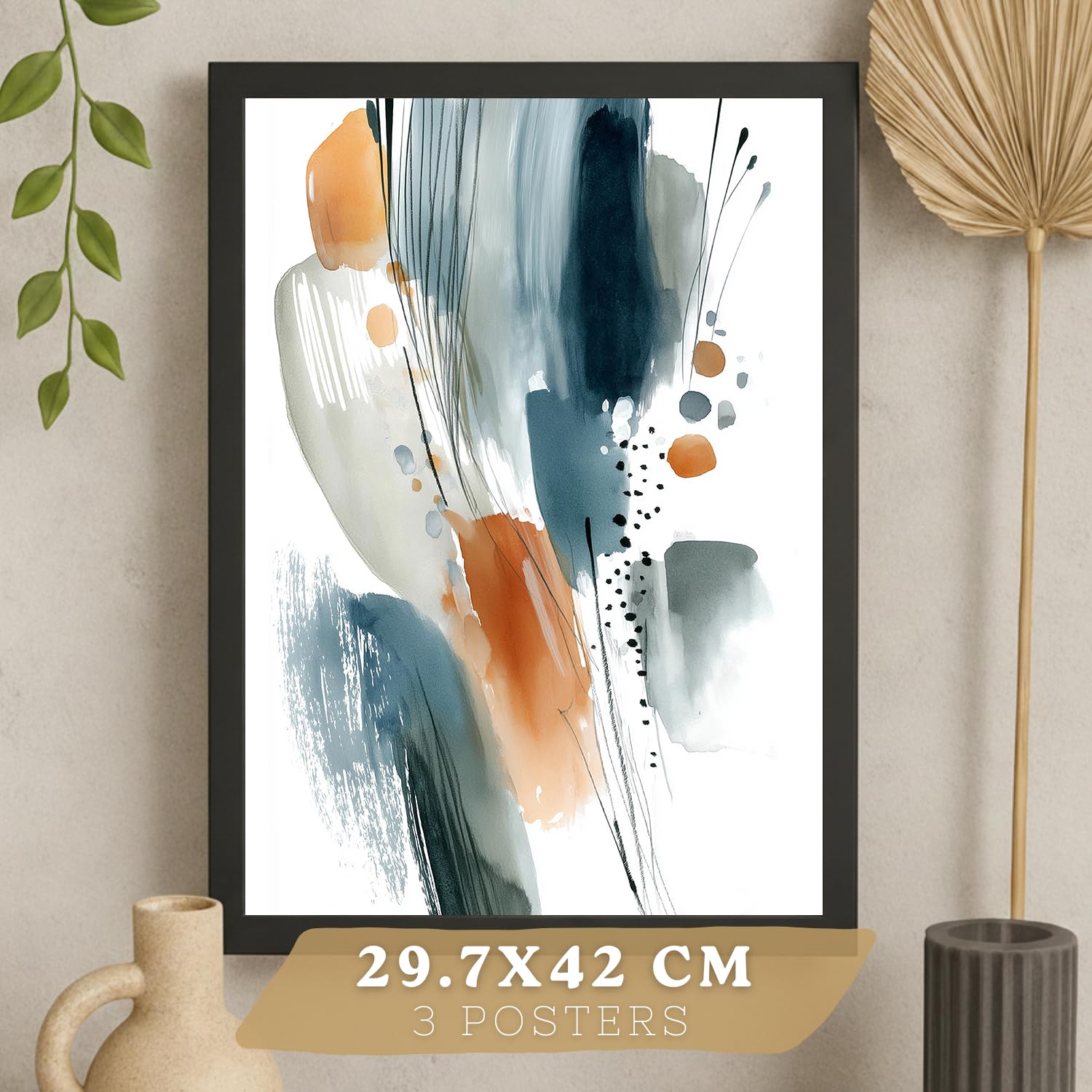 Nacnic Juego 3 Láminas Laminas Decorativas Pared Cuadros Abstractos De Acuarela, Azul, Naranja. Decoraciones Paredes. Cuadros Para Para Salón Y Dormitorio Modernos. Tamaño A3 Marco Negro