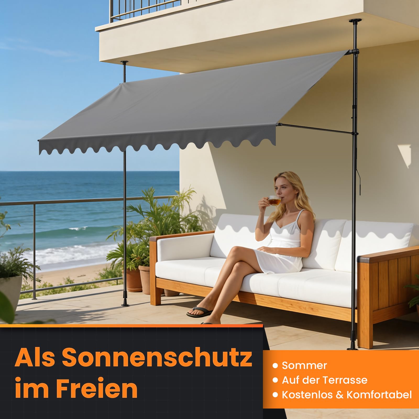 YEAUPE PRO Store banne | Store banne de Balcon sans perçage | Manivelle | Protection UV, Hauteur réglable, Imperméables | Gris (250 x 180 cm)