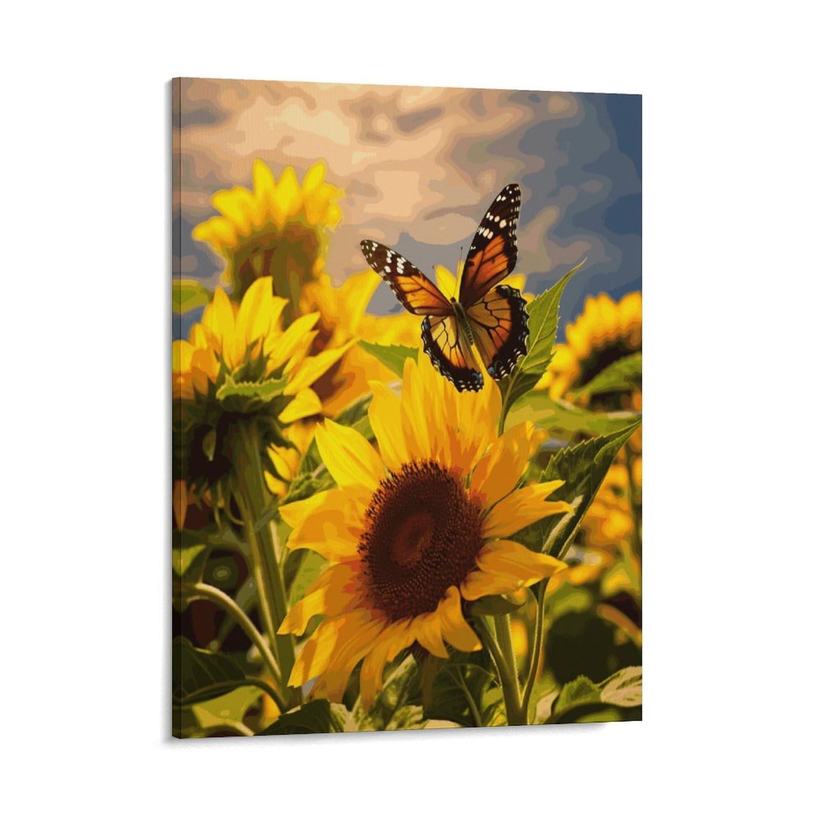 Adfgyerh Style Sunflower Butterfly Wall Art Framed,Canvas Prints Ready To Hang Home Decor,Canvas Wall Art For Living Room Hallway Office Wall Decor 16X20inch(41X51cm)