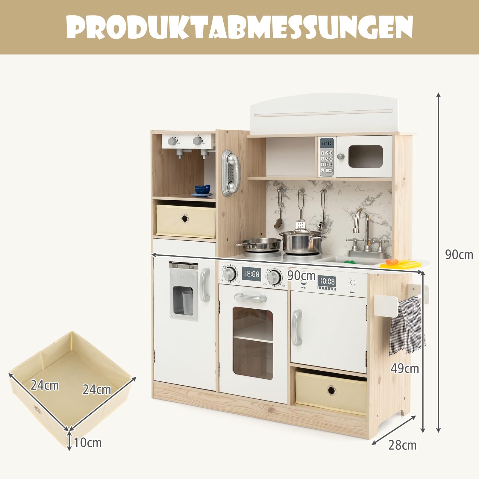 COSTWAY Kinderküche inkl. Zubehör, Spielküche Holz mit einstellbaren LED-Lichtern, abnehmbaren Stoffkörben & Regalen, Spielzeugküche mit Kaffeemaschine & Kühlschrank, für Kinder ab 3 Jahren