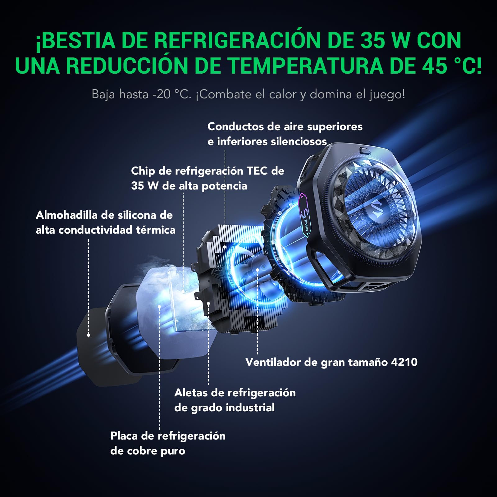 Black Shark Enfriador magnético para teléfono 5 Pro – 18 LED RGB direccionables, agarre desmontable, ventilador de refrigeración termostático controlado por aplicación para iPhone MagSafe/Android/iPad
