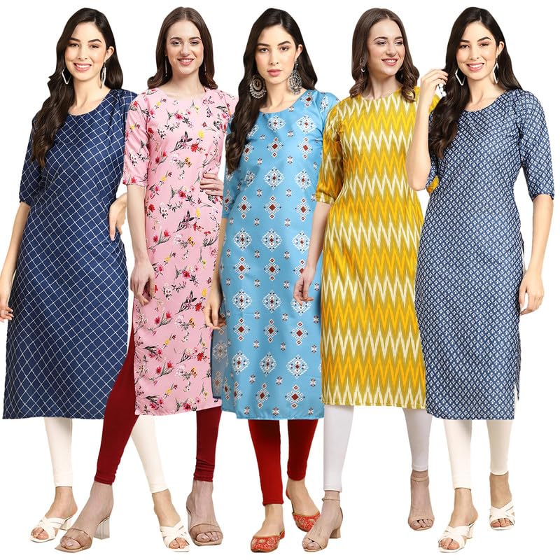Pinkmint Elegant Printed Crepe Kurti's For Women's (Pack Of 5)