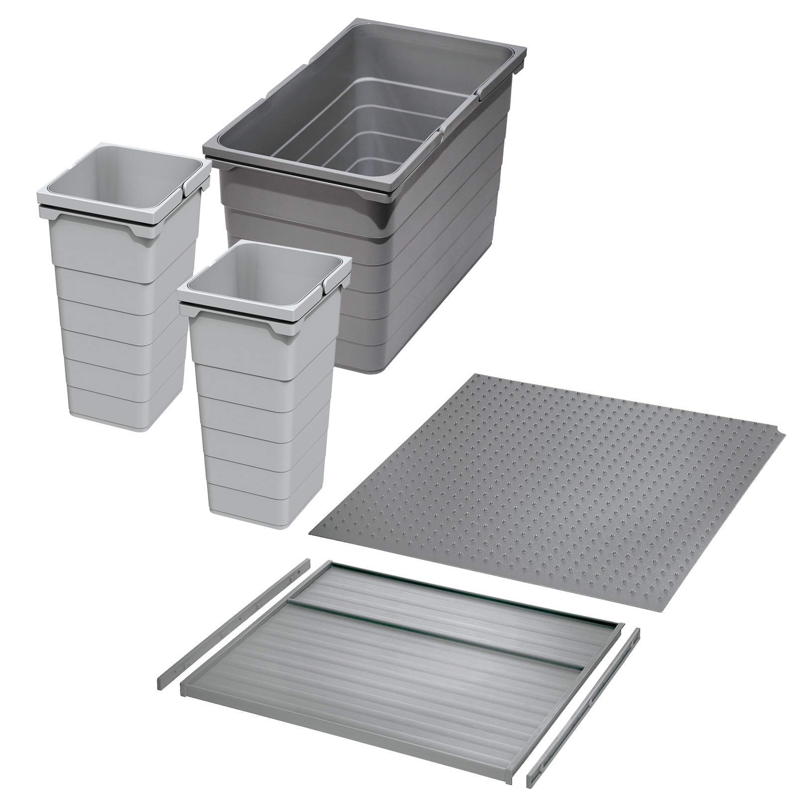 Ninka Abfalltrennsystem eins2vier KB 500 mm, Seitenstärke 16 mm Höhe 330 mm 2x 11,5L, 1x 25L, 1x 50er Bodenplatte, 1x 50er Deckelplatte, 2x Führungsleiste alugrau für Tandembox von SO-TECH®