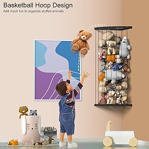 Corner Stuffed Animal Storage Organizer, Toy Stuffed Animals Hammock Net Adjustable Length, Spave Save for Hanging Wall Plush Toy Holder, Kids Furniture room Decor for Nursery Playroom Bedroom, Black