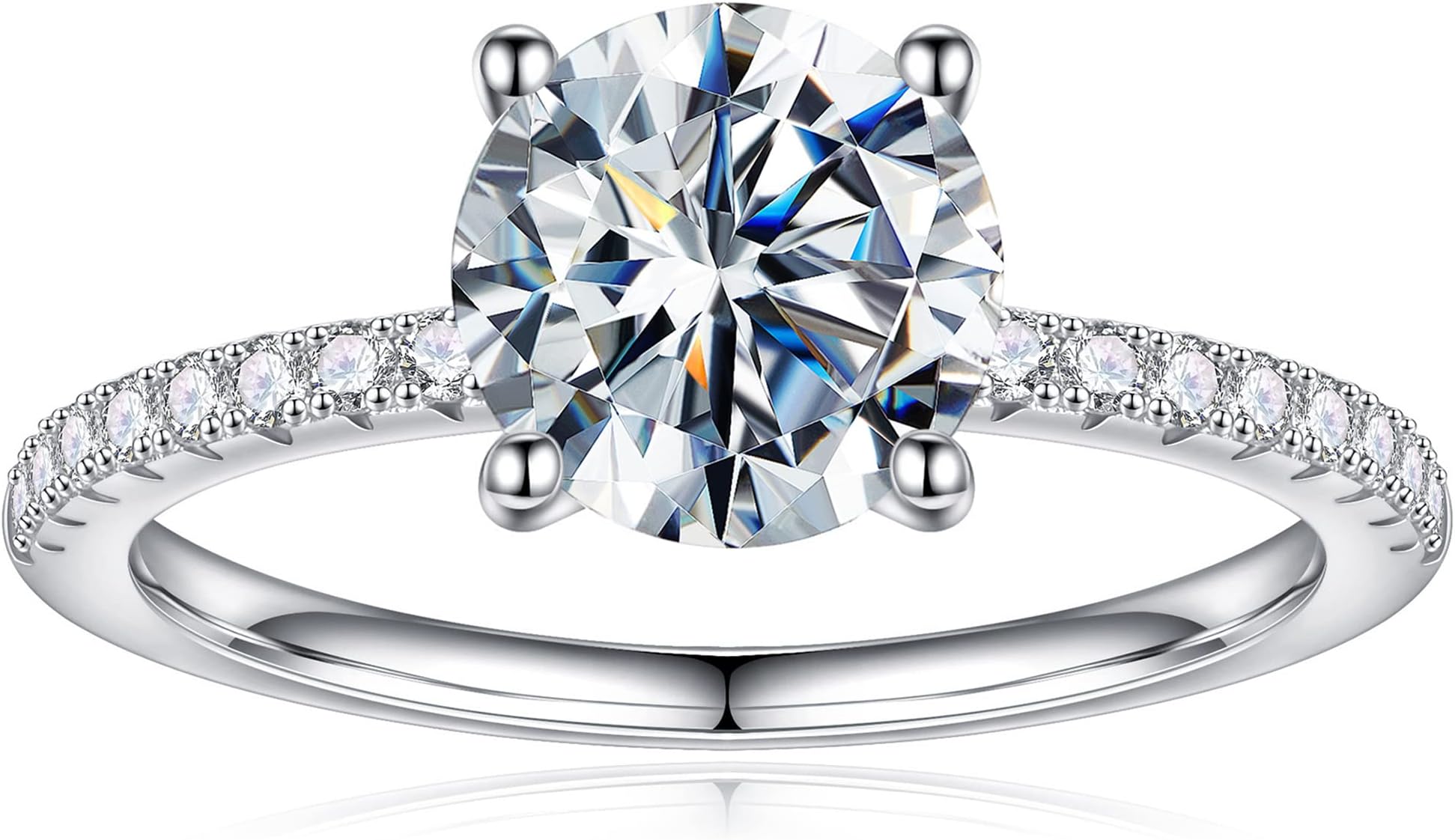 1.5CT Moissanite Rings for Women, D Color VVS1 Clarity Brilliant Round Cut Solitaire Lab Created Diamond Moissanite Ring Rhodium Plated Solid S925 Sterling Silver 4 Prong Moissanite Engagement Ring,