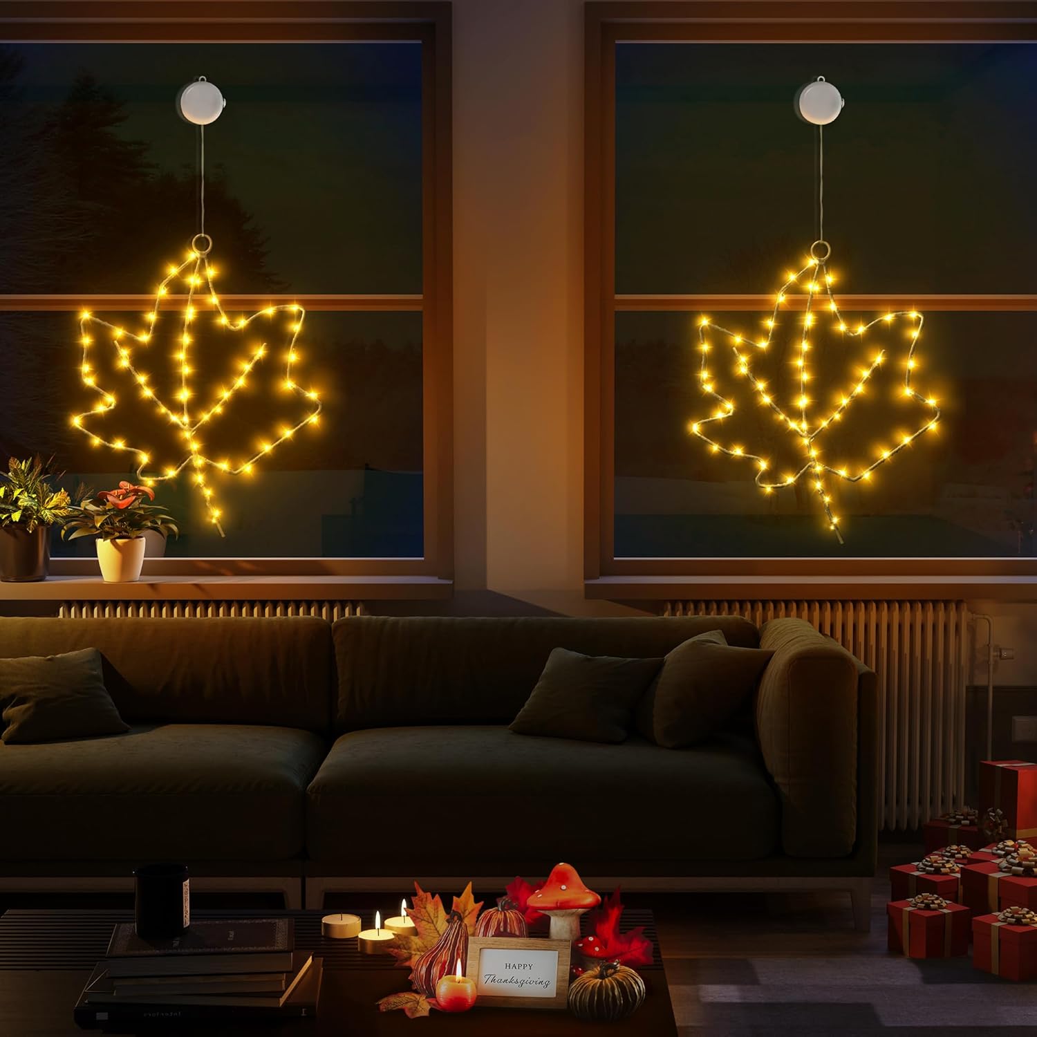 BlcTec Thanksgiving Decorations for Home 2 Pack 10Inch Maple Leaves Thanksgiving Window Lights with Suction Cups, Timer, Battery Operated Metal Frame Window Lights for Thanksgiving Decorations, Orange - Image 4