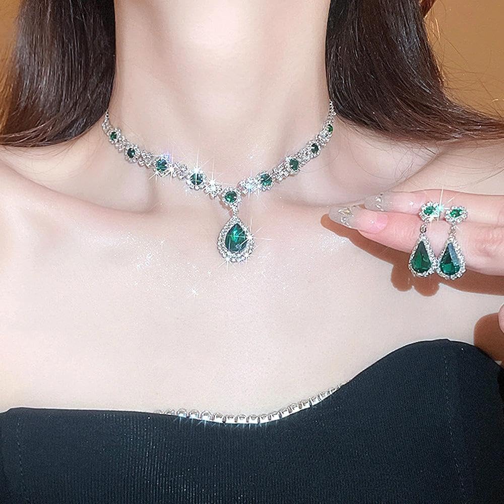 Dainty Teardrop Crystal Necklace Earring Set for Women,Shining Rhinestone Flower Collarbone Statement Necklace,Brides Wedding Jewelry Accessories - Image 4