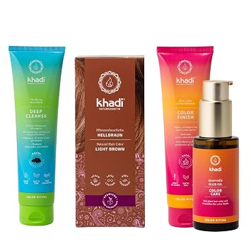 khadi Natural Hair Color ColorCycle Bundle LIGHT BROWN Natural Hair Color + DeepCleanse Shampoo + ColorFinish Conditioner + ColorCare Hair Oil