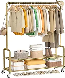 MISSLO Suporte de roupas resistente com prateleiras grandes de 118 cm para pendurar roupas, roupas, casacos, dourado