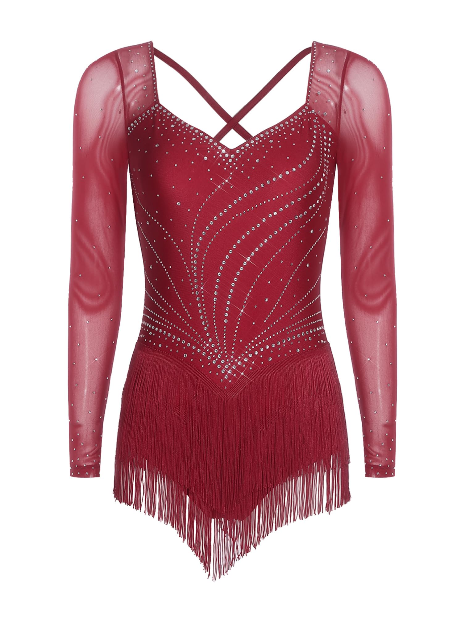 inhzoy Donna Abito da Ballo Latino Americano Tango con Frange Nappe Vestito da Pattinaggio Artistico Maniche Lunghe Body Danza Classica Ginnastica Ritmica Dancewear