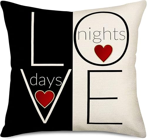 Miniatura 1 de Easternproject Funda de almohada para el día de San Valentín color negro blanco días y noches corazón rojo 18 x 18 pulgadas funda de cojín de lino y