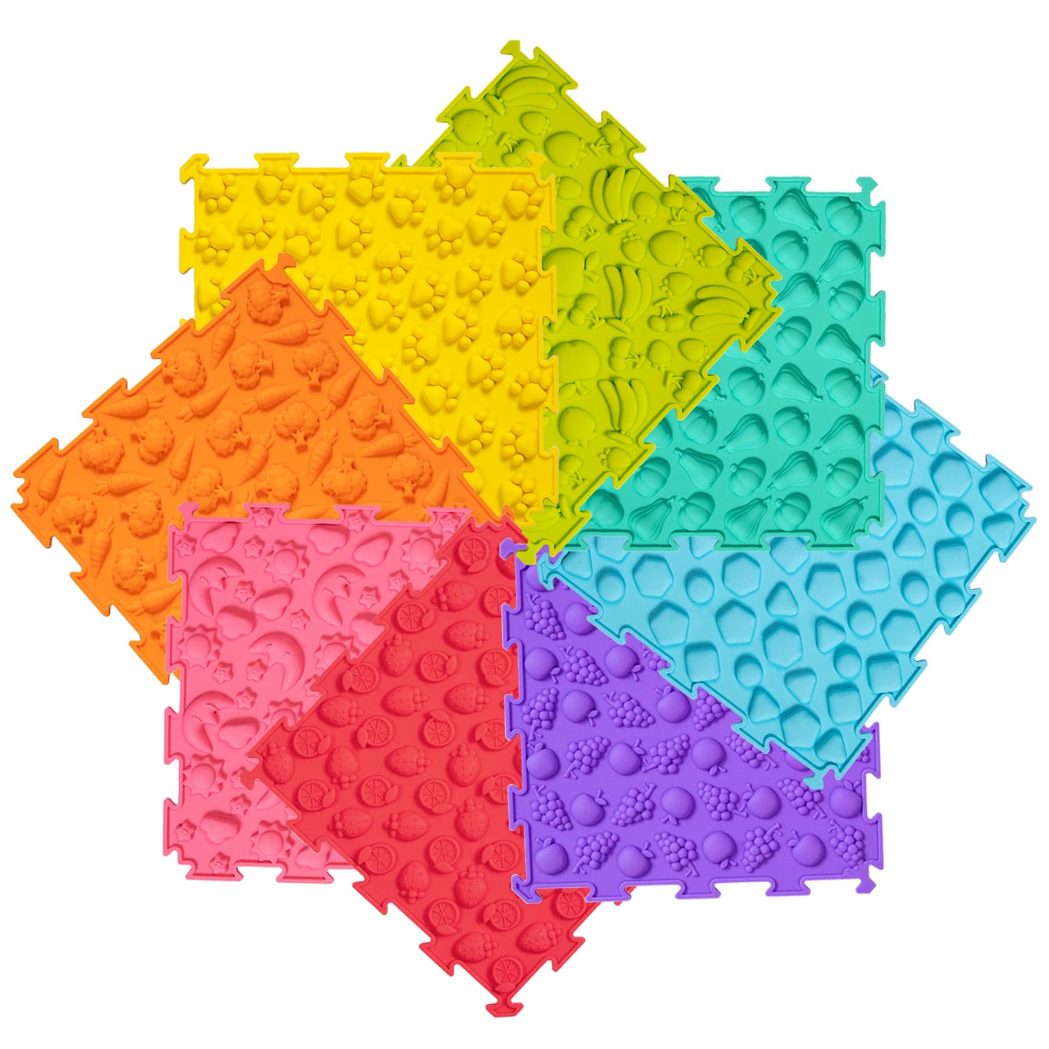 Sensorische Matten, Puzzle-Bodenmatte für Kinder, Sensorische Raumartikel, Verschiedene Muster und Farben, Silikonmassage, 8 Stück, 24,5 x 24,5 cm