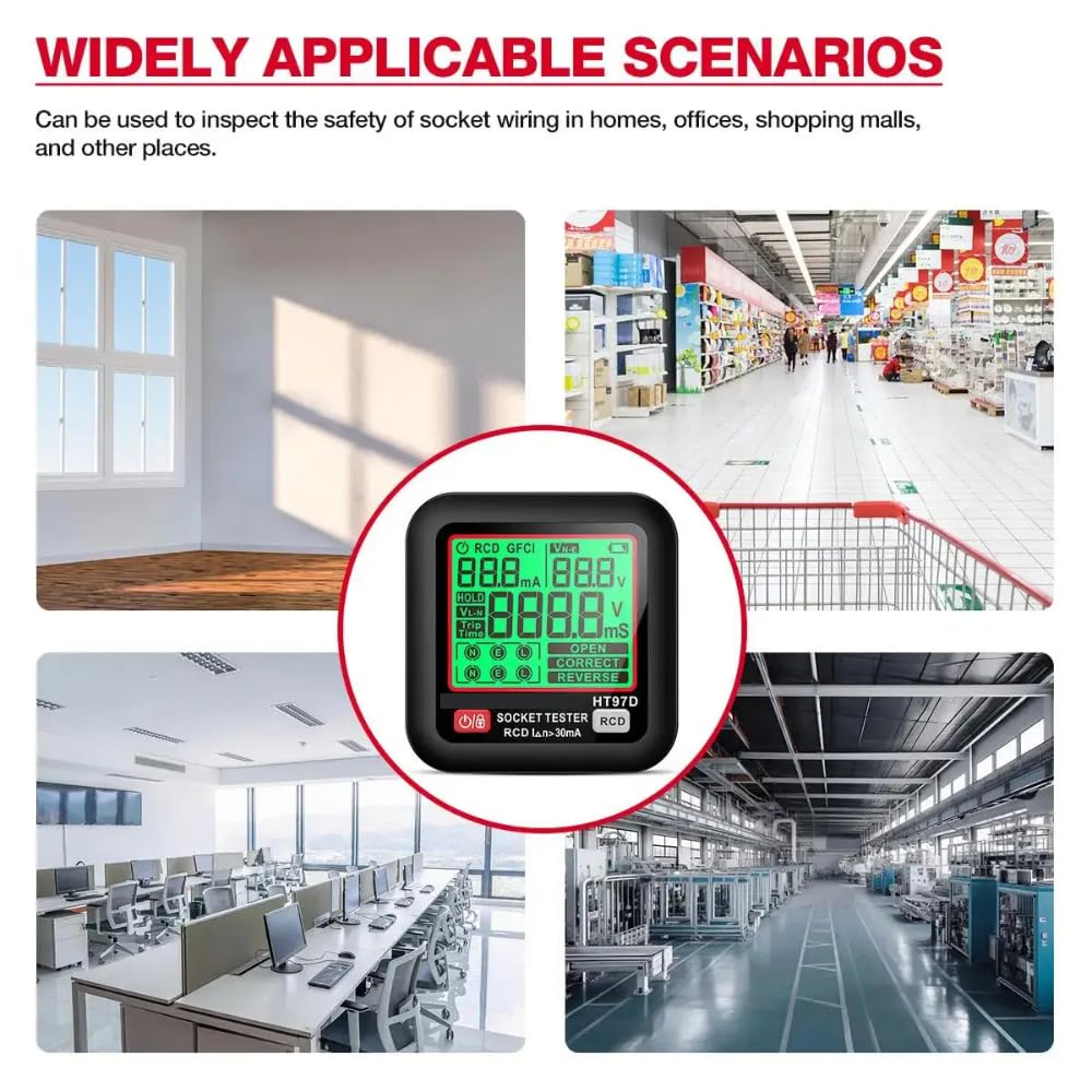 DollaTek Tester de Enchufe Profesional D9B Detección RCD/GFCI Display LCD Voltaje/Frecuencia 6-Alambre Diagnóstico Fallos 90-250V Analizador para enchufes EU Certificación EN61326