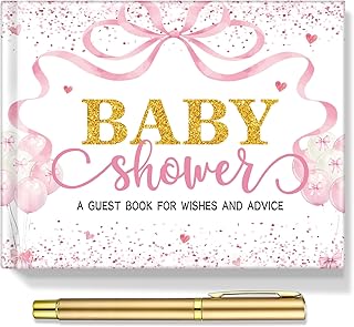 27 Pcs Bow Baby Shower Guest Book Baby Shower Sign in Guest Book Reception with Sonogram Page Keepsake Includes Gold Pen Table Card and Adhesive Photo Corner for Birthday