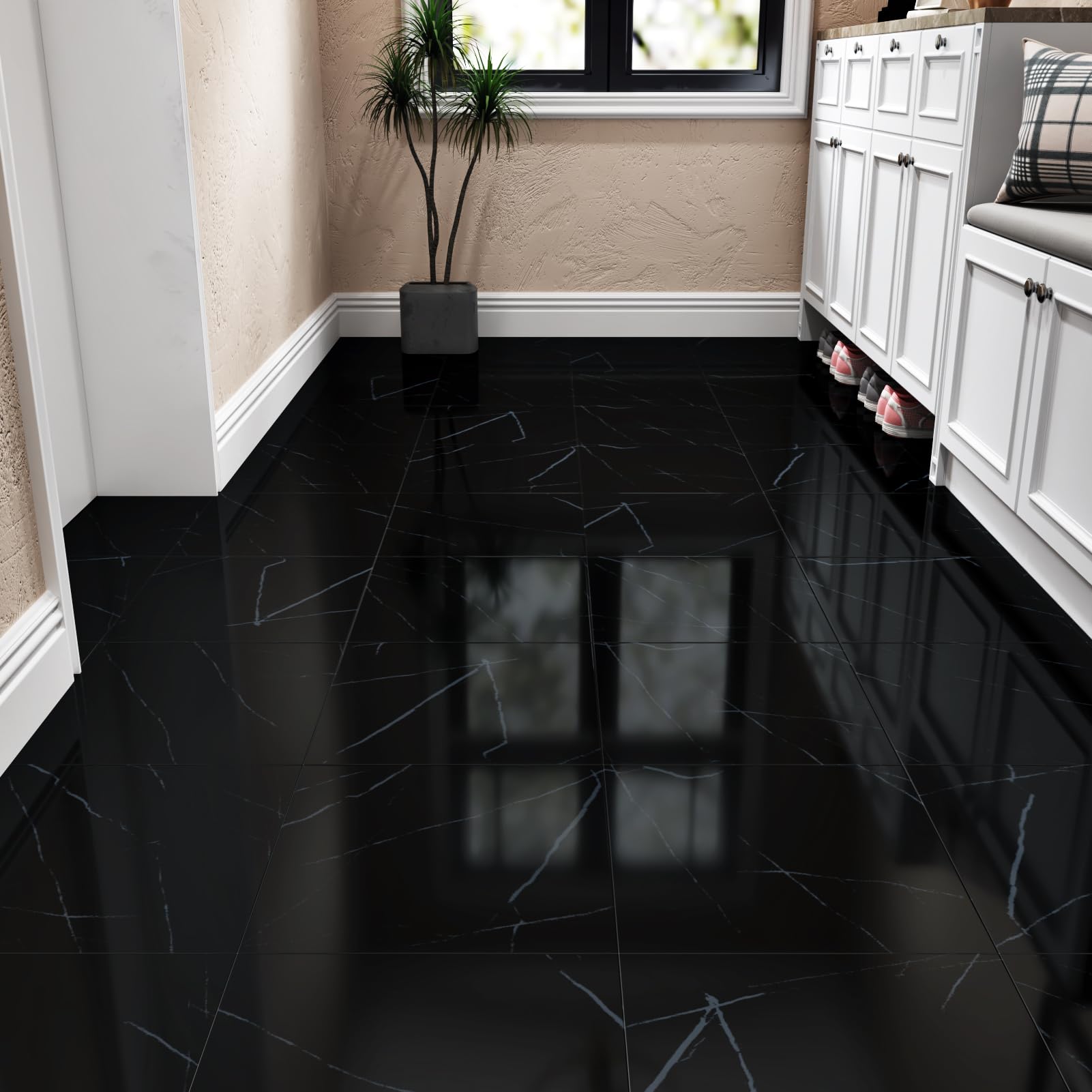 Wallercity Glossy Black Marble Peel and Stick Floor Tile Waterproof Vinyl Flooring Adhesive 6PCS Peel and Stick Bathroom Floor Tile with White Veins